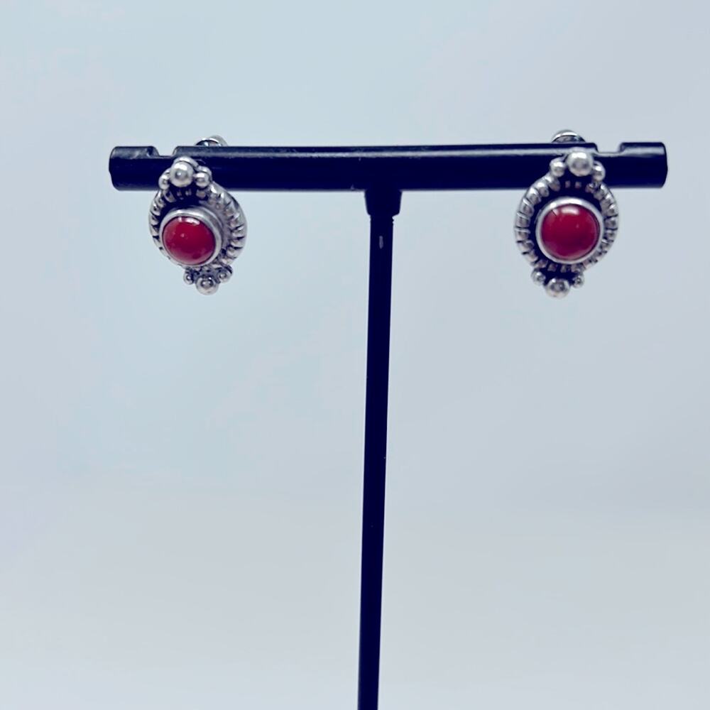 Vintage 925 Women's Sterling Silver Red Gemstone Earrings Size 1/2 Inch